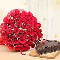 Red Roses With Chocolate Heart Cake