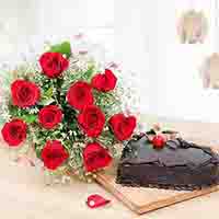 Red Roses With Heart Cake